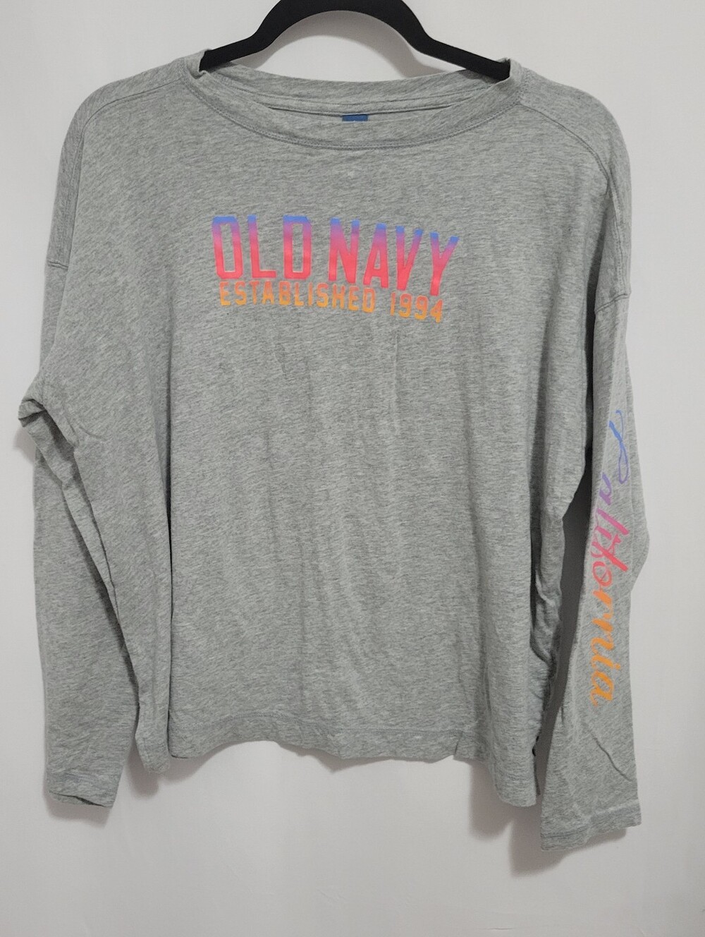 Old Navy Gray Logo Long Sleeve Tee with Neon Ombre Print, Size L